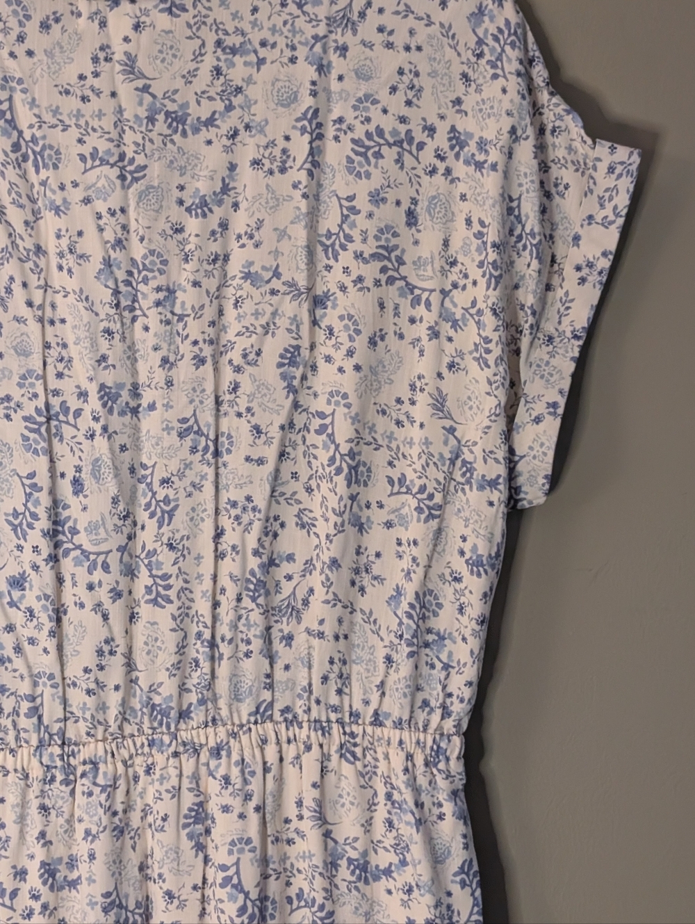 NWT Short Sleeve Utility shirt Dress In sand & blue floral midi size Large boho - Picture 7 of 8